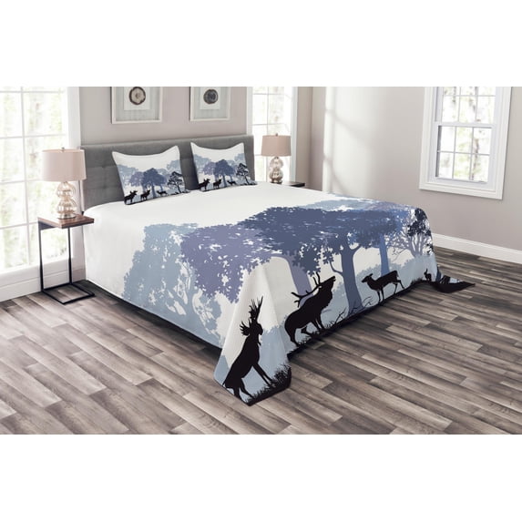 Ambesonne Moose Quilted Bedspread Set 3 Pcs, Grey Wild Forest Animals, King Size, Black White Grey