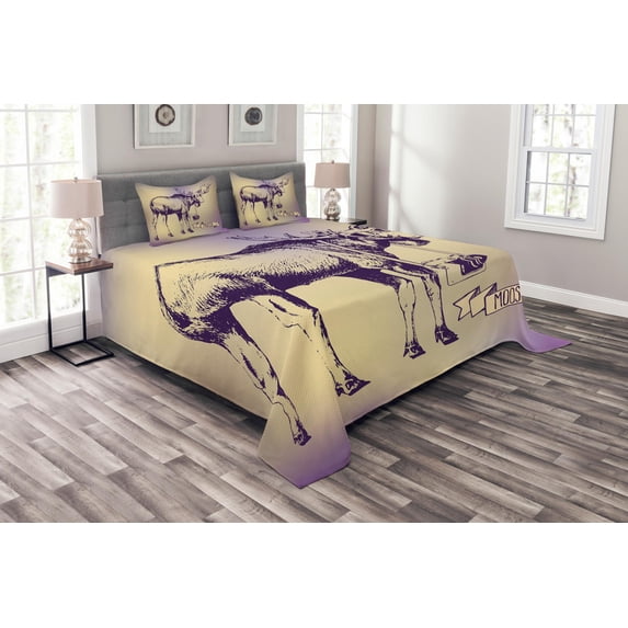 Ambesonne Moose Quilted Bedspread Set 3 Pcs, Hipster Deer with Camera, King Size, Purple Beige