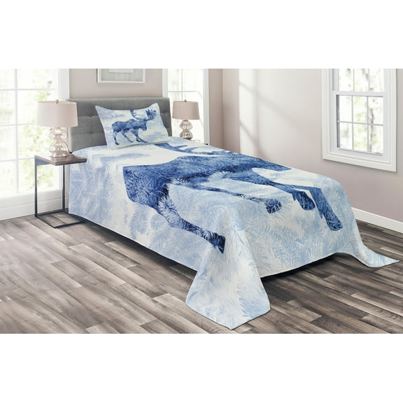 Ambesonne Moose Quilted Coverlet 2 Pcs, Blue Winter Antlers Tree, Twin Size, Blue White
