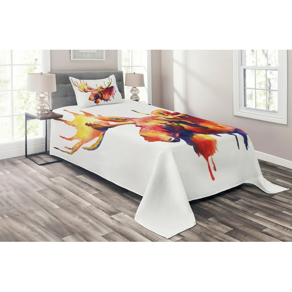 Ambesonne Moose Quilted Coverlet 2 Pcs, Psychedelic Watercolors, Twin Size, Orange and Pink