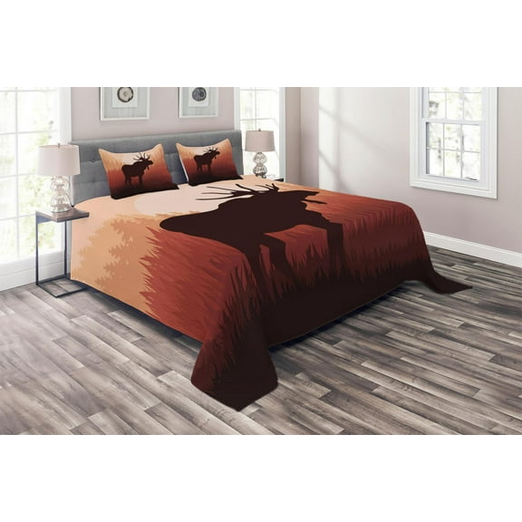 Ambesonne Moose Quilted Coverlet 3 Pcs, Forest Antlers Wild Deer, Queen Size, Peach and Brown
