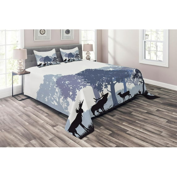 Ambesonne Moose Quilted Coverlet 3 Pcs, Grey Wild Forest Animals, Queen Size, Black White Grey