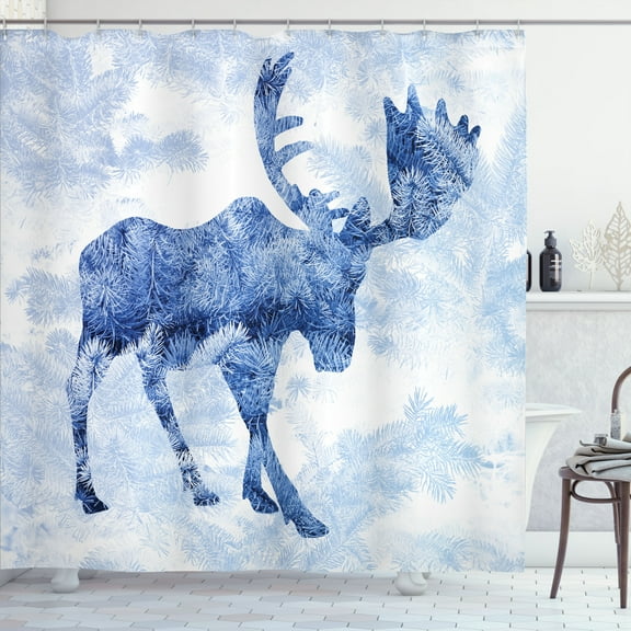 Ambesonne Moose Shower Curtain, Blue Winter Antlers Tree, 69"Wx75"L, Blue White