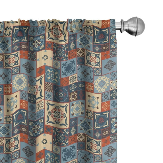 Ambesonne Moroccan Window Curtains, Tunisian, Each 28" W x 63" L, Dark Orange Slate Blue