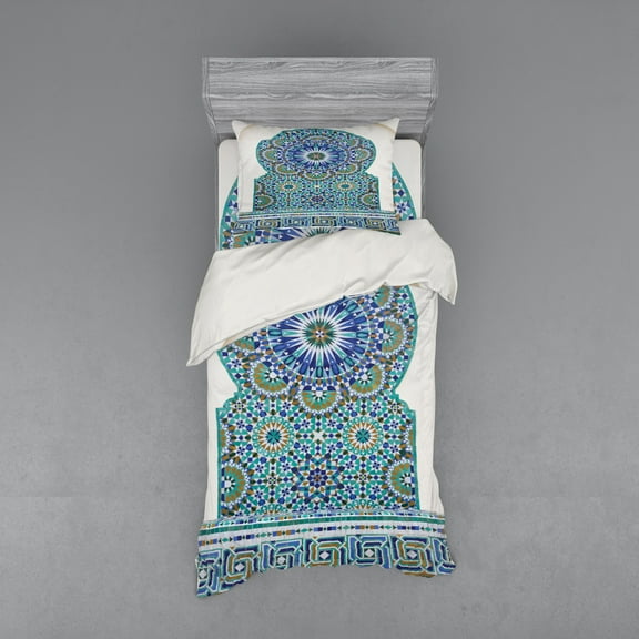 Ambesonne Moroccan Bedding Set 3 Pcs, Eastern Ceramic Tile, Twin, Pale Coffee Turquoise
