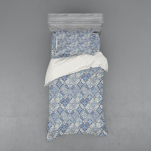 Ambesonne Moroccan Bedding Set 3 Pcs, Oriental Rectangles, Twin XL, Blue Orange White