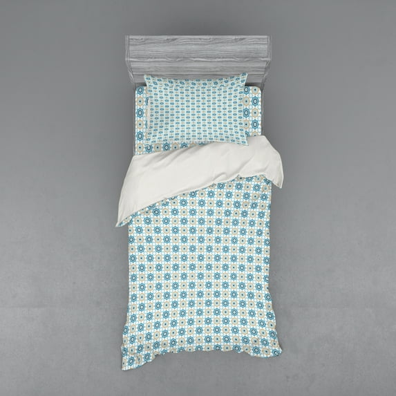 Ambesonne Moroccan Bedding Set 3 Pcs, Oriental Star Shape Motifs, Twin, Deep Sky Blue Ecru