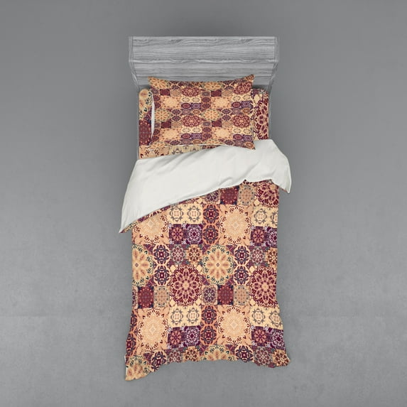 Ambesonne Moroccan Bedding Set 3 Pcs, Ornate Ceramic Tiles, Twin XL, Pale Orange Dark Blue