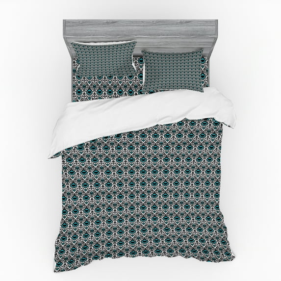 Ambesonne Moroccan Bedding Set 4 Pcs, Folkloric Vivid Ikat Art, Queen, Dark Green Multicolor