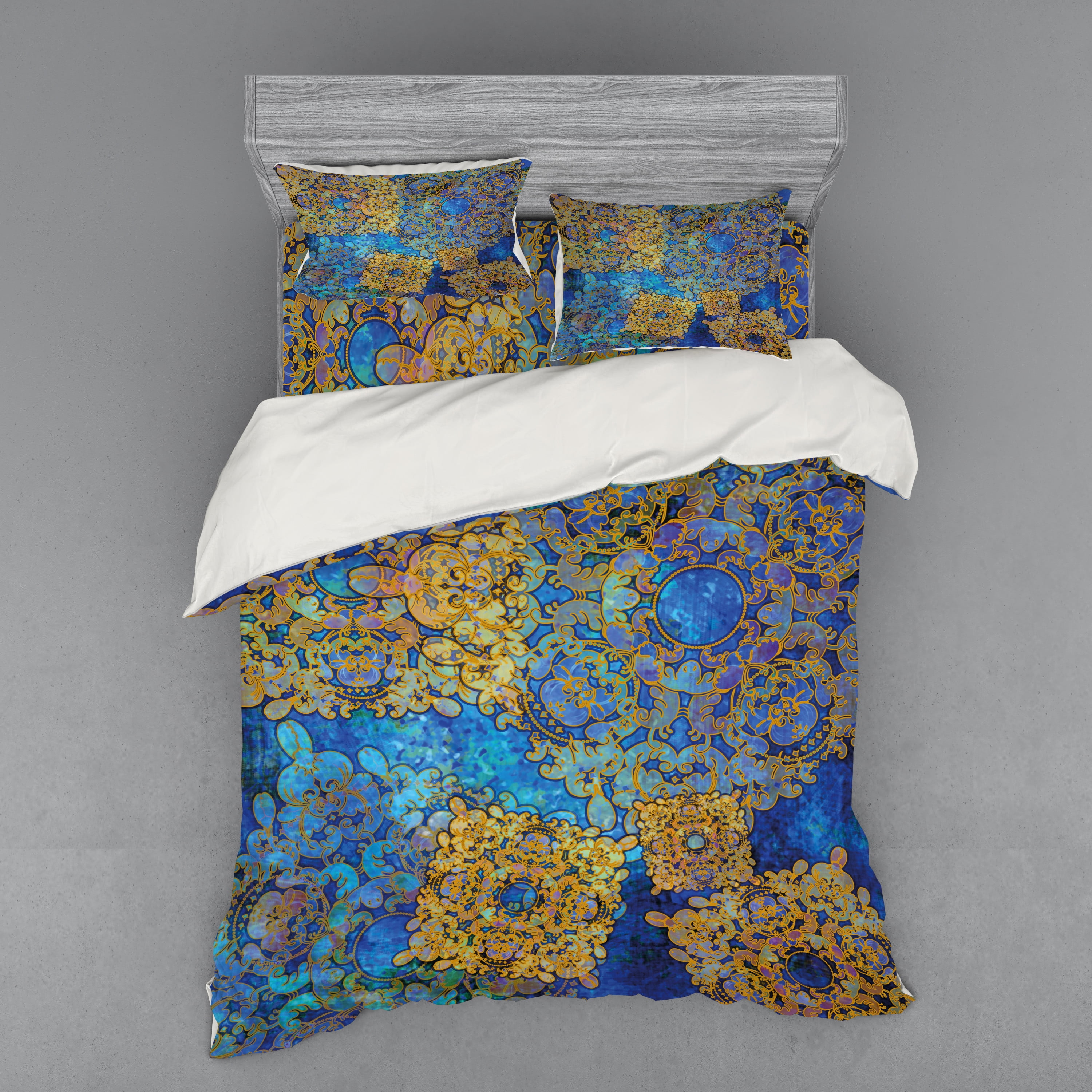 Queen Blue and Gold Moroccan Duvet Cover Set