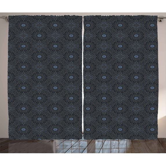 Ambesonne Moroccan Curtains 2 Panel Set, Geometric Star Royal, 108" x 84", Black Cream Blue