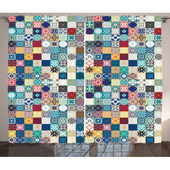 Ambesonne Moroccan Curtains 2 Panel Set, Ornate Patchwork Motif, 108" x 108", Multicolor
