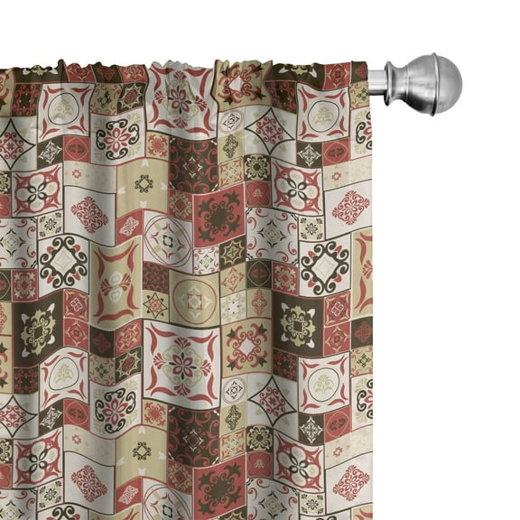 Ambesonne Moroccan Curtains, Vintage Square Pattern, Pair of 28"x95", Cream Dark Coral Brown