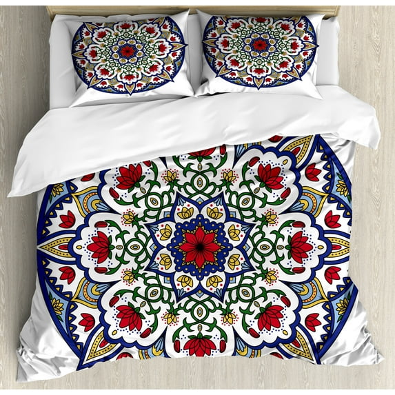 Ambesonne Moroccan Duvet Cover Set, Mandala Lotus, Queen, Green Blue Ruby