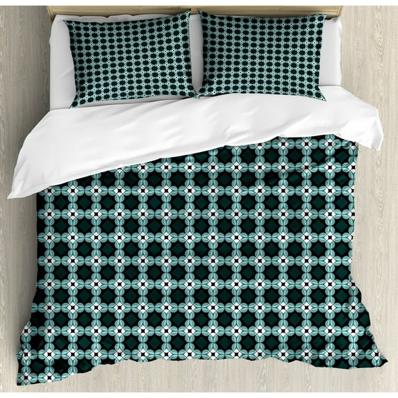 Ambesonne Moroccan Duvet Cover Set, Oriental Blue Pattern, 2-Calking, Forest Green Turquoise