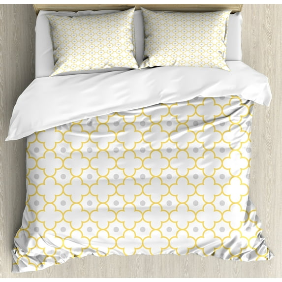Ambesonne Moroccan Duvet Cover Set, Quatrefoil Dot Petals, 2-Calking, Mustard Pale Grey