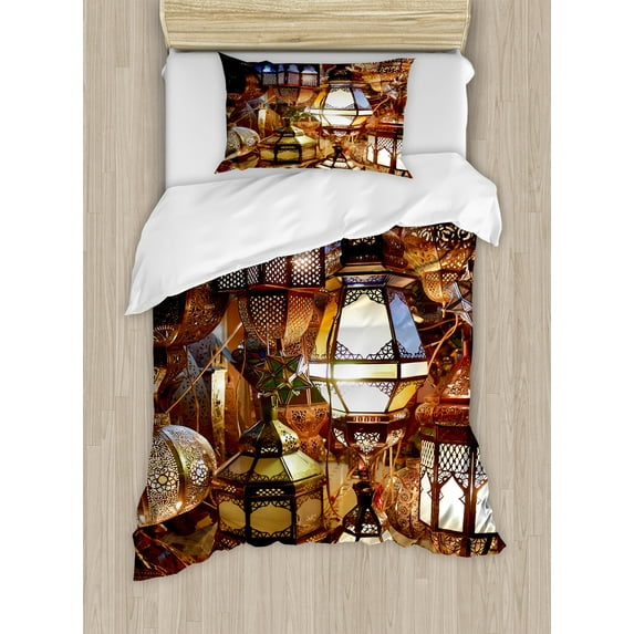 Ambesonne Moroccan Duvet Cover Sets, Ethnic Evening Themed View, 2-Twin, Purple Brown and Green