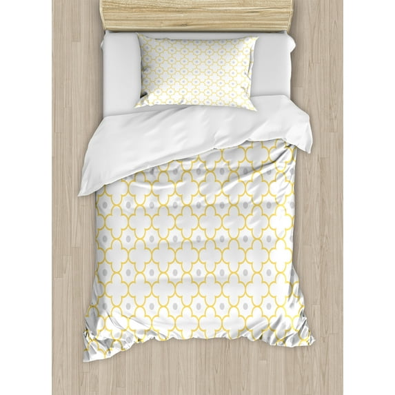 Ambesonne Moroccan Duvet Cover Sets, Quatrefoil Dot Petals, 2-Twin, Mustard Pale Grey
