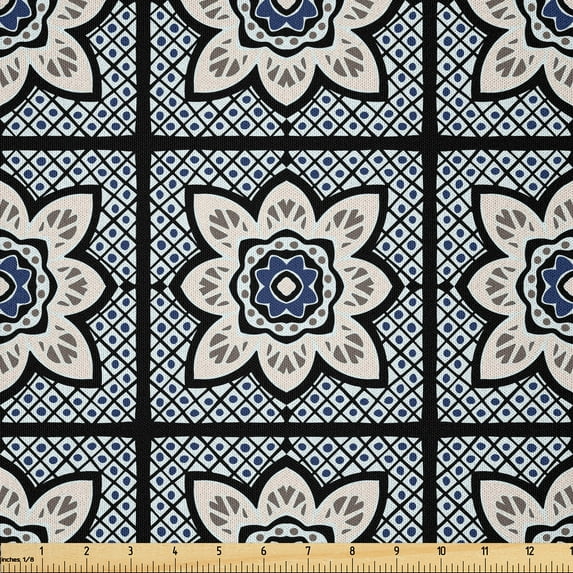Ambesonne Moroccan Fabric by the Yard Microfiber, Floral Oriental Damask, 10 Yards, Eggshell Night Blue