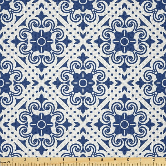 Ambesonne Moroccan Fabric by the Yard Microfiber, Floral Traditional Damask, 10 Yards, Off White Dark Sky Blue