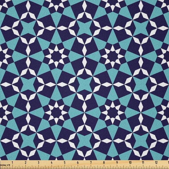 Ambesonne Moroccan Fabric by the Yard Microfiber, Mediterranean Traditional, 3 Yards, Indigo Cadet Blue