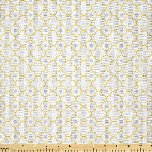 Ambesonne Moroccan Fabric by the Yard Microfiber, Quatrefoil Dot Petals, 1 Yard, Mustard Pale Grey
