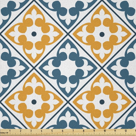 Ambesonne Moroccan Fabric by the Yard Microfiber, Spanish Azulejo Style, 3 Yards, Teal Marigold White