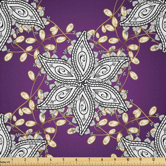 Ambesonne Moroccan Fabric by the Yard Microfiber, Vintage Floral Petals, 10 Yards, Earth Yellow Purple