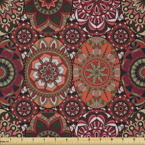 Ambesonne Moroccan Fabric by the Yard Microfiber, Vintage Ottoman Tile, 1 Yard, Green Vermilion Ruby