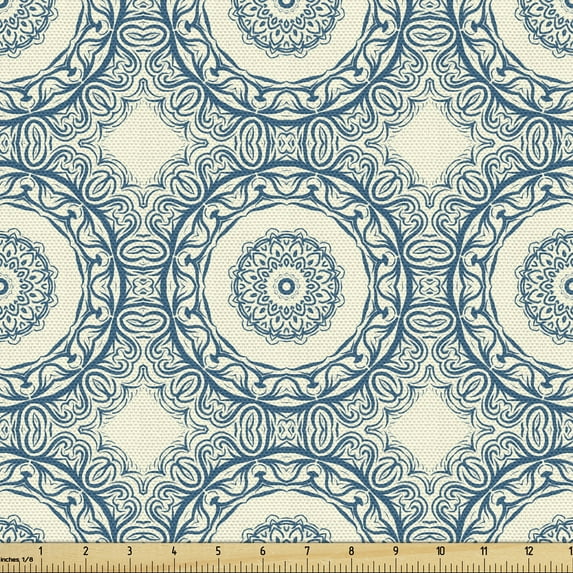 Ambesonne Moroccan Fabric by the Yard Upholstery, Circular Oriental, 5 Yards, Cream and Dark Sky Blue