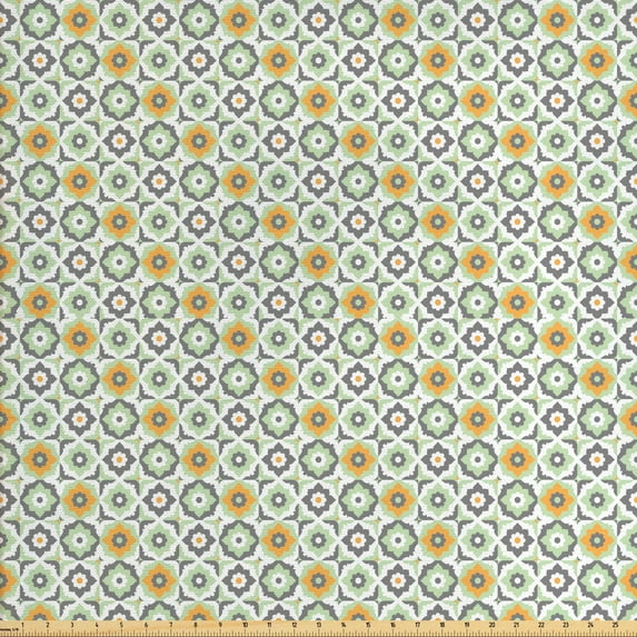 Ambesonne Moroccan Fabric by the Yard Upholstery, Lotus Floral, 3 Yards, Green White
