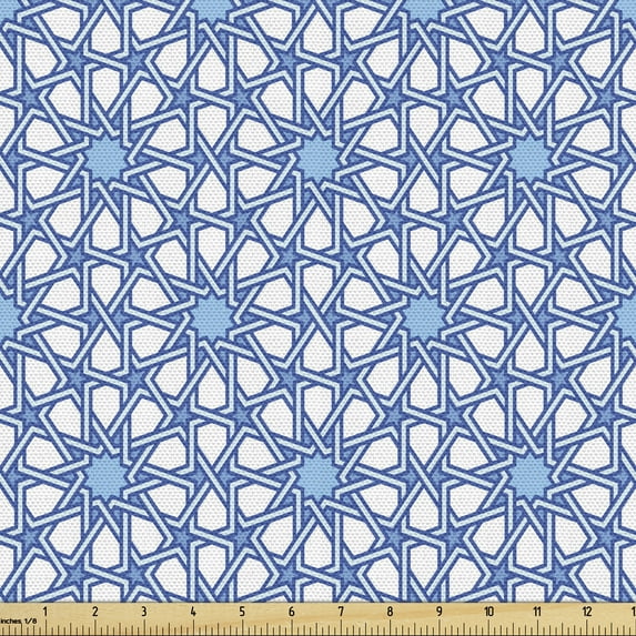Ambesonne Moroccan Fabric by the Yard Upholstery, Moorish Star Pattern, 2 Yards, Pale Blue White