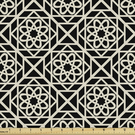 Ambesonne Moroccan Fabric by the Yard Upholstery, Repeating Floral Geometric, 1 Yard, Eggshell Charcoal Grey