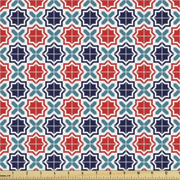 Ambesonne Moroccan Fabric by the Yard Upholstery, Star Tiles, 5 Yards, Navy Blue Scarlet