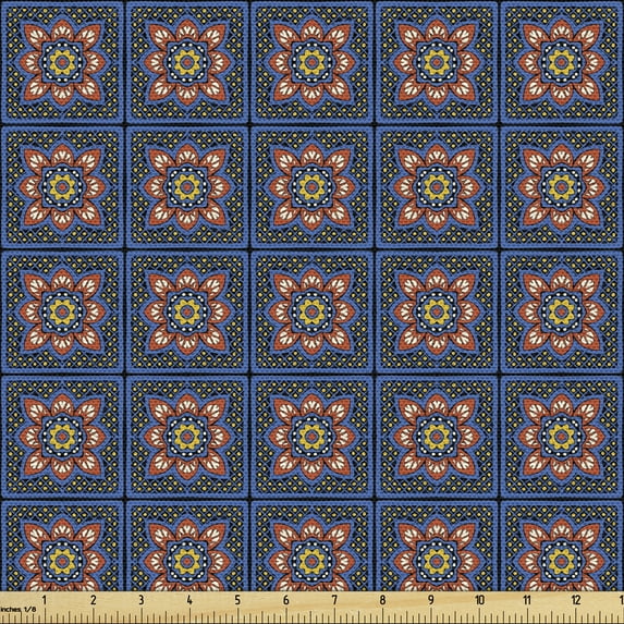 Ambesonne Moroccan Fabric by the Yard Upholstery, Traditional Orient Floral, 2 Yards, Dark Sky Blue Multicolor