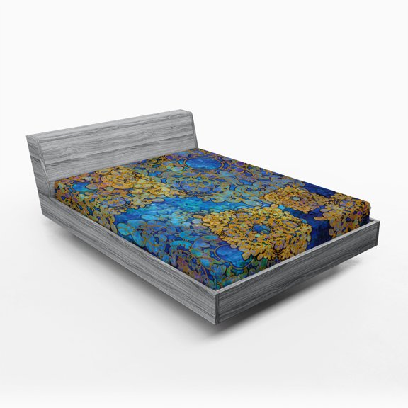 Ambesonne Moroccan Fitted Sheet 2 Pcs Set, Persian Motif Bohemian, Queen, Pale Coffee Blue