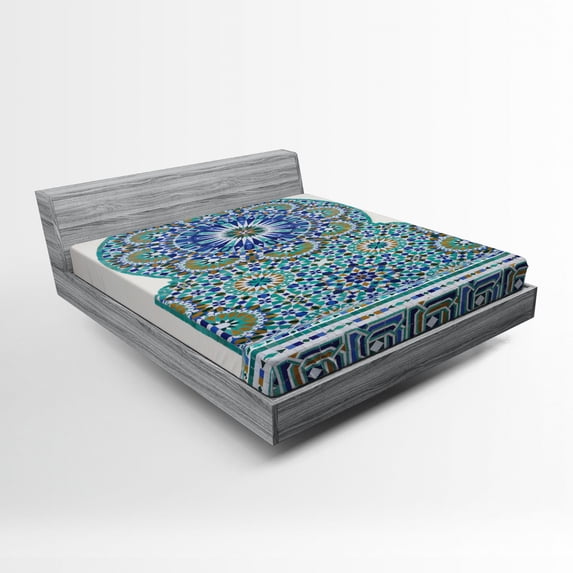 Ambesonne Moroccan Fitted Sheet, Eastern Ceramic Tile, Queen Size, Pale Coffee Turquoise