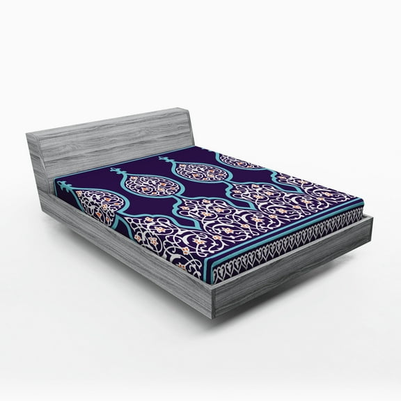 Ambesonne Moroccan Fitted Sheet, Oriental Design, Full Size, Teal Royal Blue