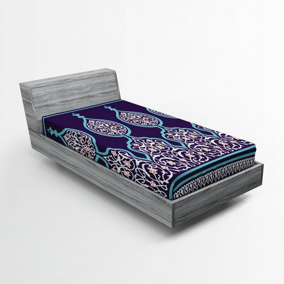 Ambesonne Moroccan Fitted Sheet, Oriental Design, Twin Size, Teal Royal Blue