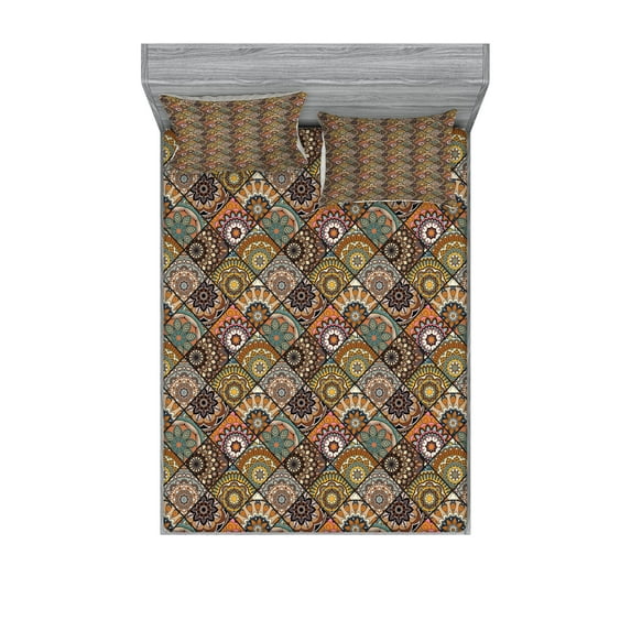 Ambesonne Moroccan Fitted Sheet & Pillow Sham Set, Retro Checkered, Full, Multicolor