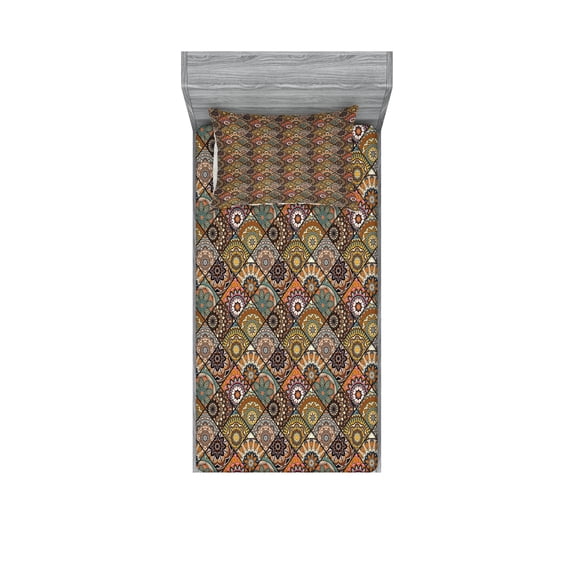 Ambesonne Moroccan Fitted Sheet & Pillow Sham Set, Retro Checkered, Twin, Multicolor