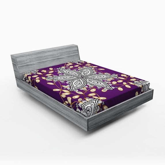 Ambesonne Moroccan Fitted Sheet, Vintage Floral Petals, Full Size, Earth Yellow Purple