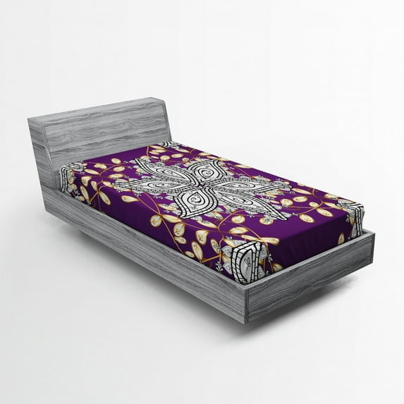 Ambesonne Moroccan Fitted Sheet, Vintage Floral Petals, Twin Size, Earth Yellow Purple