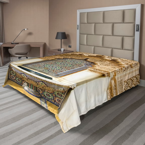 Ambesonne Moroccan Flat Sheet, Vintage Eastern Art, Queen Size, Ivory Pale Brown Blue