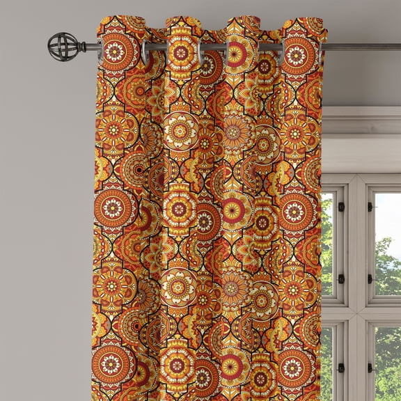 Ambesonne Moroccan Grommet Curtain Single Panel, Floral Motifs Ottoman, 50"x60", Orange Yellow Brown