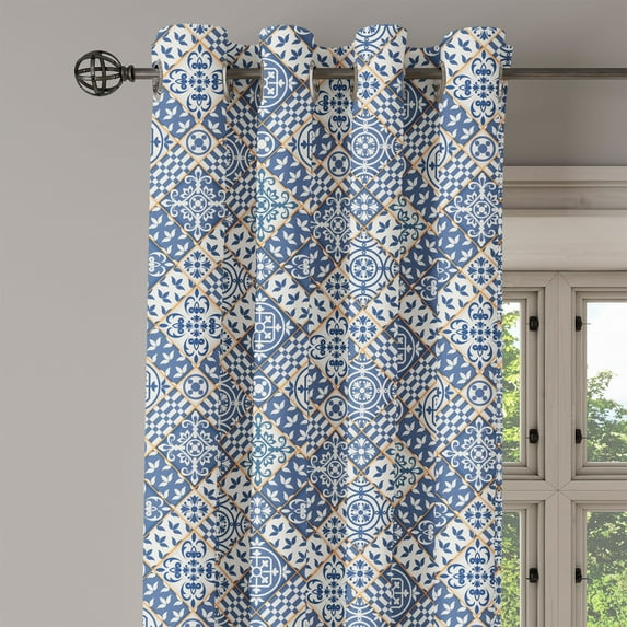 Ambesonne Moroccan Grommet Curtain Single Panel, Oriental Rectangles, 50"x60", Blue Orange White