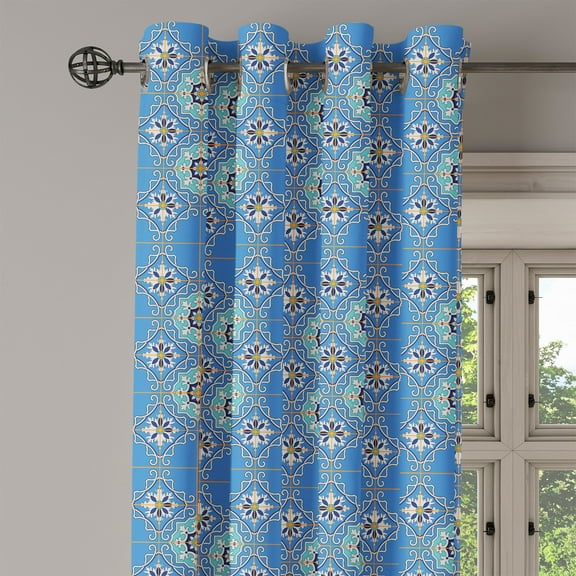 Ambesonne Moroccan Grommet Curtain Single Panel, Patchwork Style Blue, 50"x60", Blue Aqua Orange