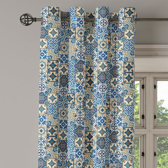 Ambesonne Moroccan Grommet Curtain Single Panel, Portuguese Traditional, 50"x60", Blue White Pale Brown