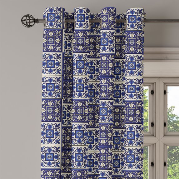 Ambesonne Moroccan Grommet Curtain Single Panel, Squares Azulejo Tiles, 50"x60", Navy Blue Beige