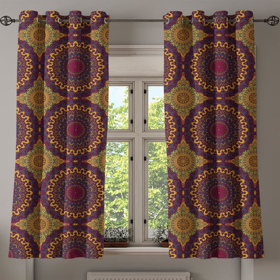 Ambesonne Moroccan Grommet Curtain, Tribal Art Mandala, 50" x 63", Plum Petrol Blue Yellow